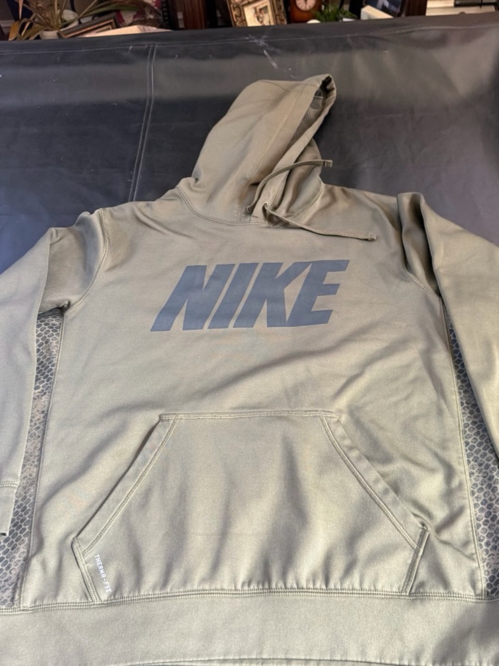 Nike Men's Olive Green Crewneck Pullover Hoodie with Large Logo